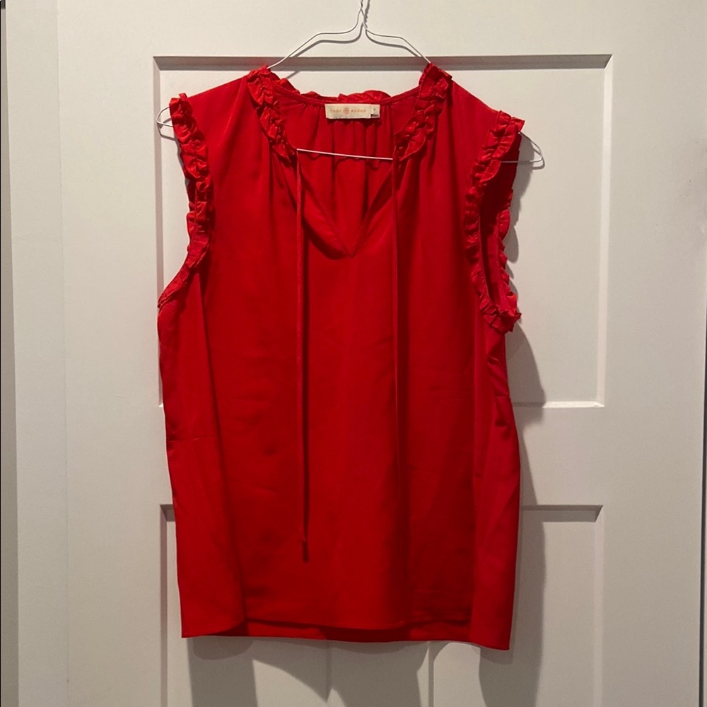Tory Burch Red Ruffled Marie Silk Tie Front Blouse size 10